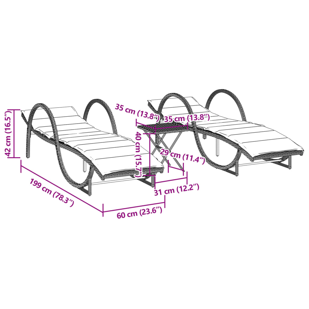 2 Piece Sun Lounger Set with Table Grey Poly Rattan