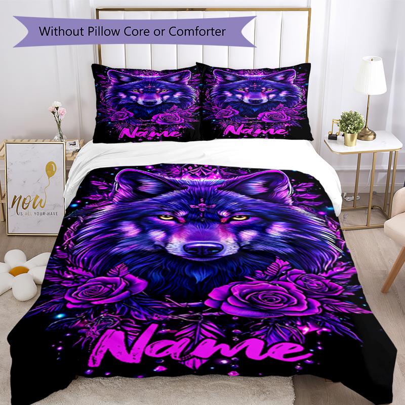 3pcs Custom Name Wolf Bedding Set Duvet Cover Closure Includes 1 Duvet Cover & 2 Pillowcases, Soft and Comfortable for All Seasons.