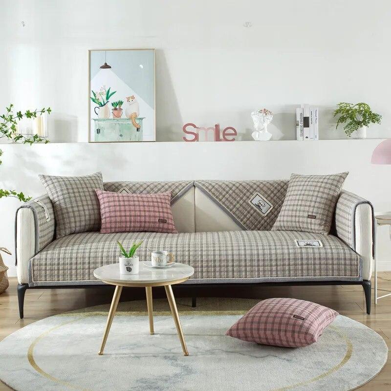 1 PCS Cotton Red Plaid Sofa Cover Towel Multi-size Couch Backrest Armrest Seat L Shape for Living Room Modern Minimalist Corner