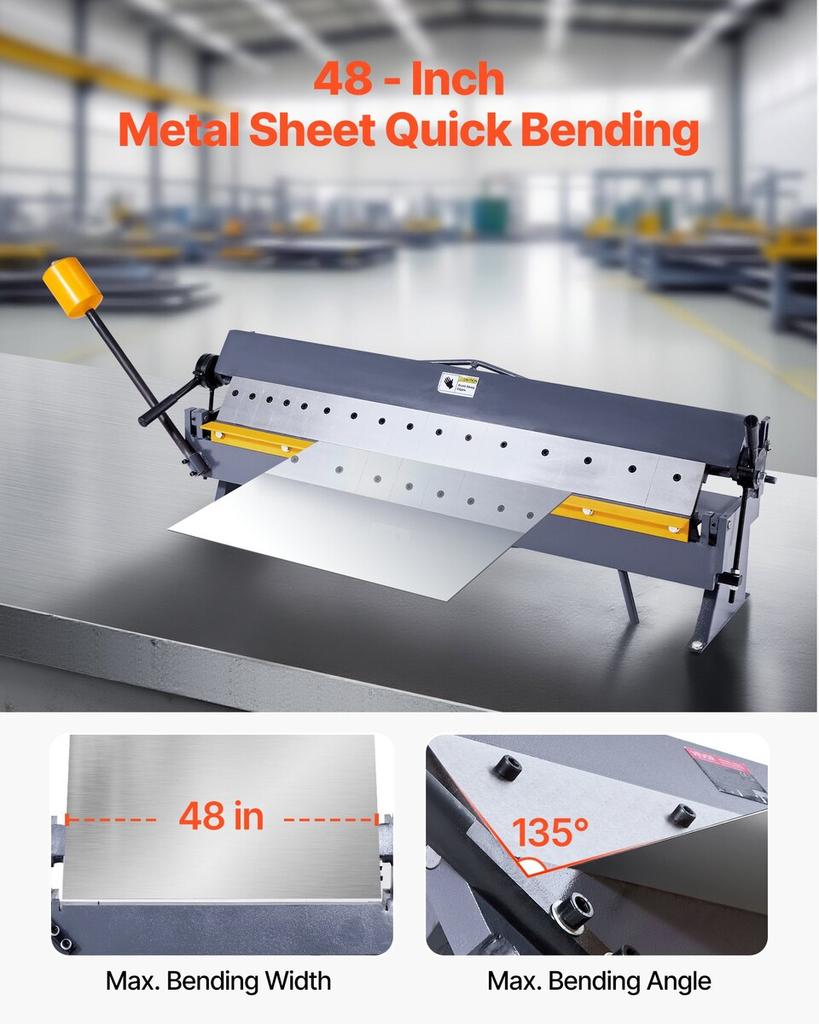 Box and Pan Brake, 1220 mm/48 inch Sheet Metal Bending Brake,16-Gauge Mild Steel Capacity, 0-135 Degree Adjustable, Metal Bender Machine with 16