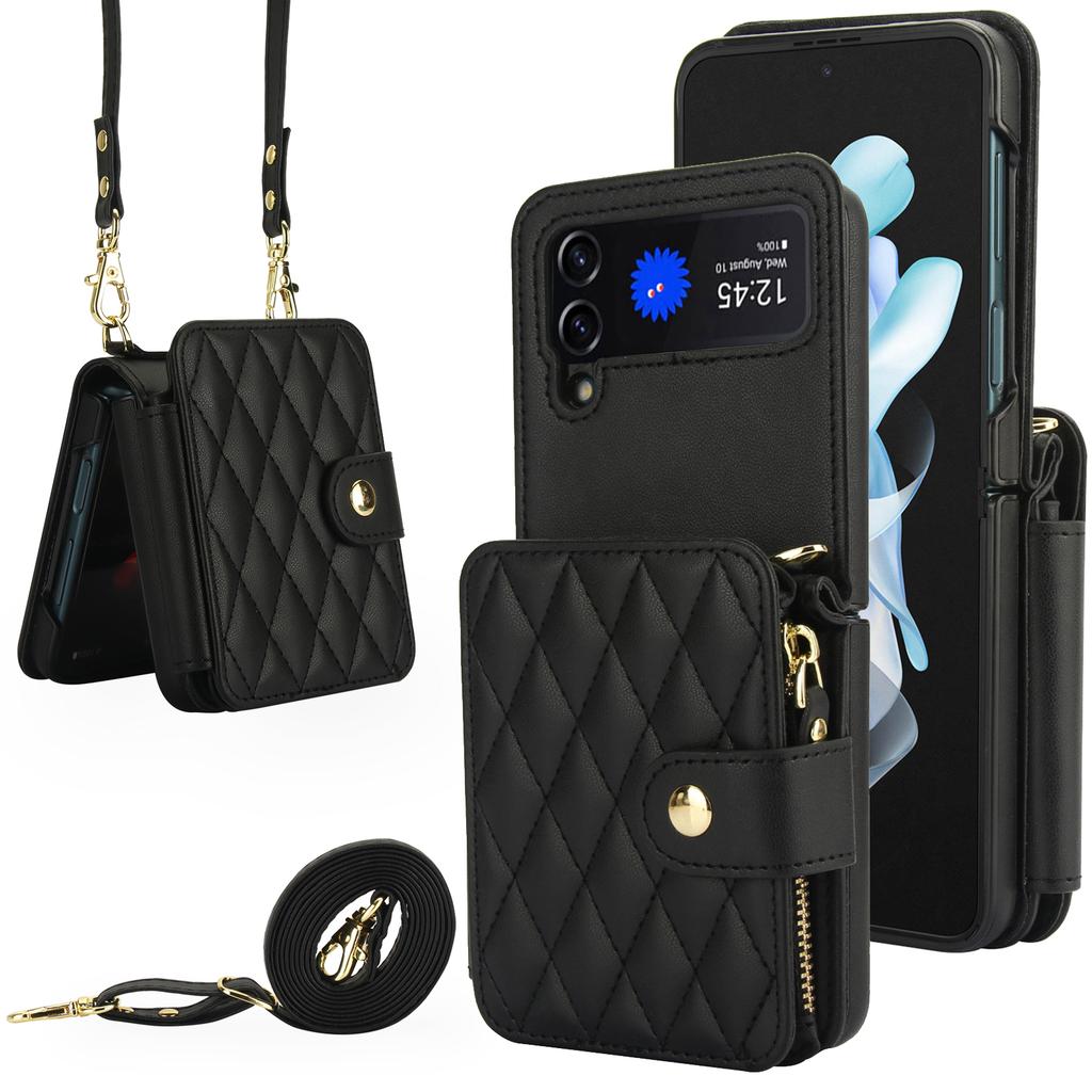 Crossbody Wrist Strap Wallet Card Holder Phone Case for Samsung Galaxy Z Flip 7 6 5 4 Flip6 Flip5 Flip4 Flip3 Leather Bag Cover