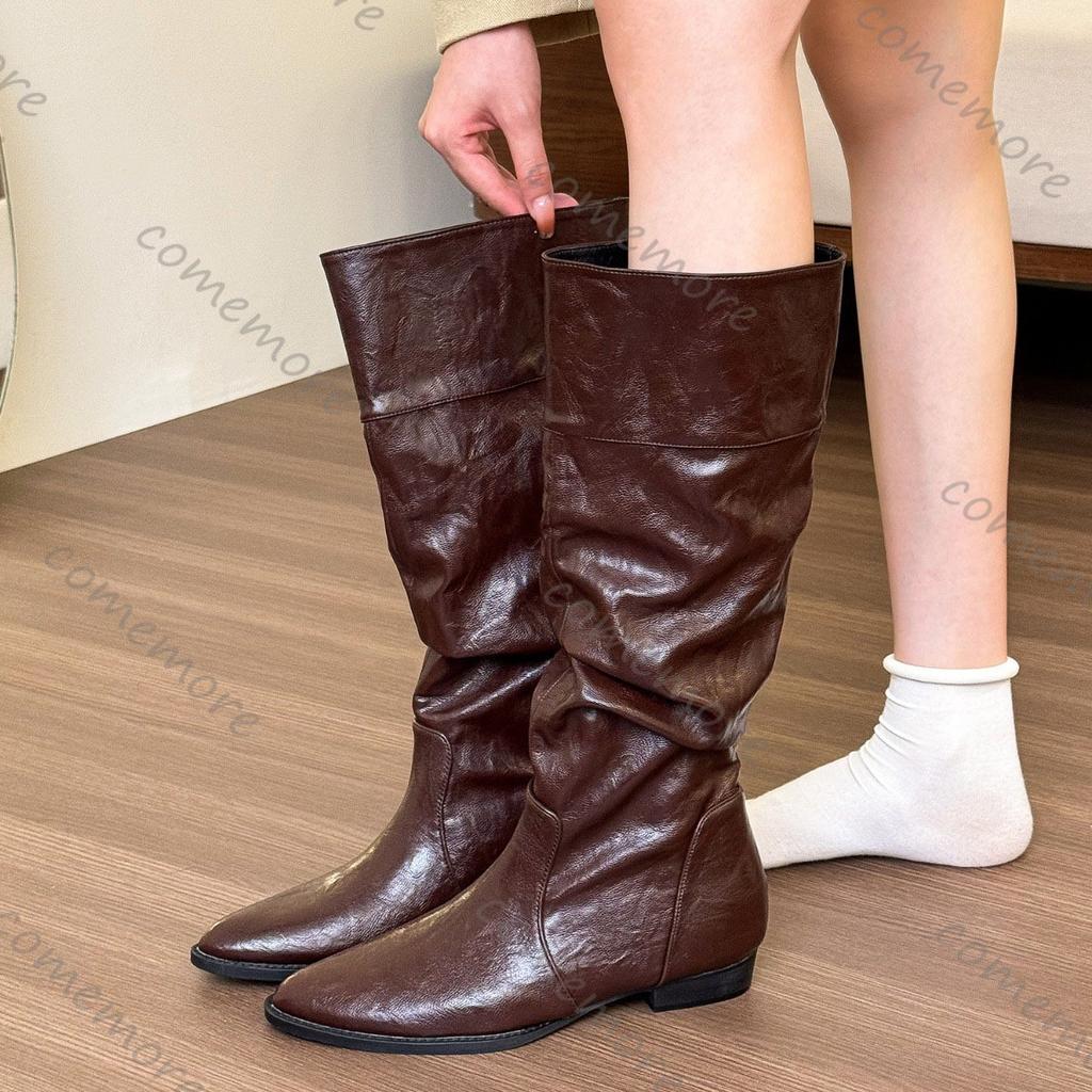 Fashion Comemore New Women Flat Long Boots Fashion Pleated Leather Autumn Winter Inner High Slip on Knee High Boots Shoes for Women