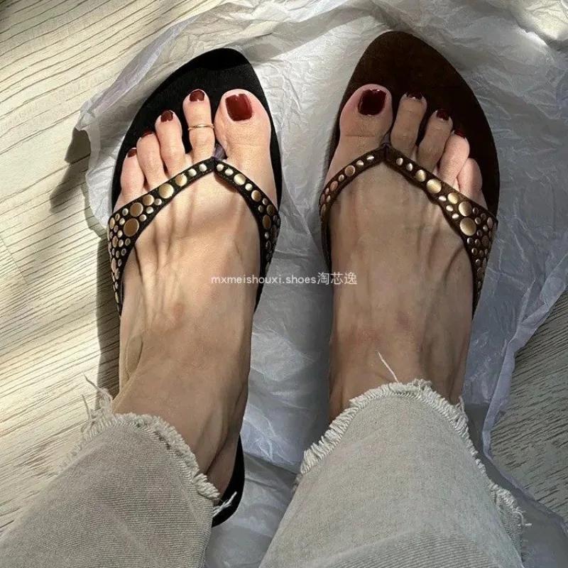 New Women's Slippers Toe Clip Thin Heels Pointed Toe Flannel Flip Flops Dress Leisure Fashion All-match Dots Zapatillas De Mujer