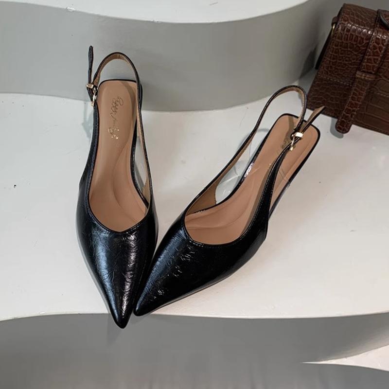Mode SUOJIALUN Sommer Neu Damen Sandale Mode Spitz Zehenbereich Flach zum Hineinschlüpfen Damen Elegant Slingback Schuhe Dünner Mittlerer Absatz Kleid Pantoletten