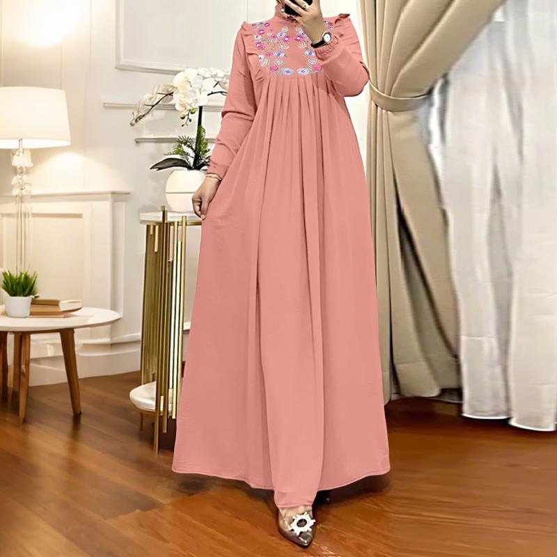 

ZANZEA Женское повседневное платье с воротником-стойкой, свободного кроя, с длинным рукавом и цветочной вышивкой 5XL розовый