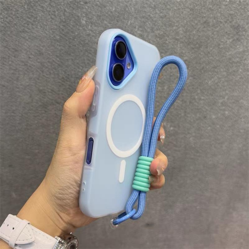 Candy Cute Skin Feel 2 in 1 Magnetic Phone Case for iPhone 11 12 13 14 15 16 17 Pro Max Plus Hand Wrist Strap Matte Cover