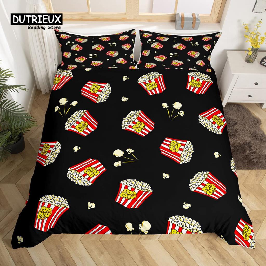 Popcorn Duvet Cover Movie Theater Food Bedding Set Microfiber Cinema Poster Comforter Cover Twin Full For Kids Teens Room Decor