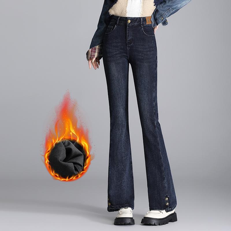 

Новые женские осенне-зимние эластичные брюки-клеш с высокой талией и добавлением бархата, а также утолщенные микроклеш-джинсы