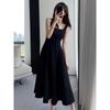 2024 Women's Black Spaghetti Strap Dress - French Style, Waist-Hugging, Hepburn Inspired, Square Neck, High Waist, Over-the-Knee Length