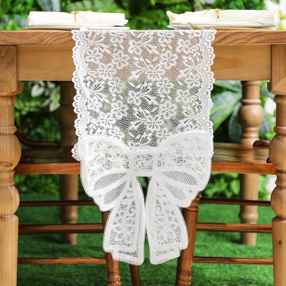 

White Lace Table Runner with Big Bow Ends Floral Tablecloth Semi-sheer Embroidered Cheese Cloth Table Setting For Wedding Party белый