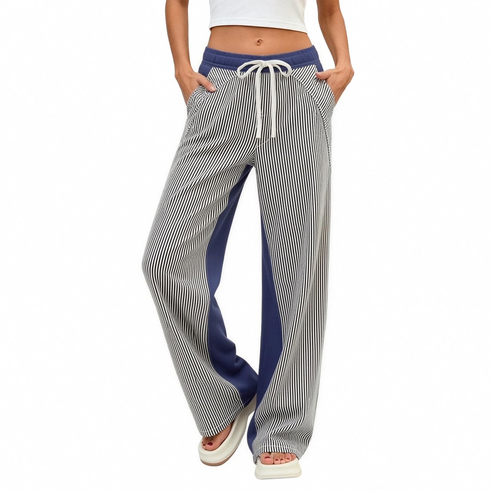 

Women s Wide Leg Pants Casual Nine Point Pleated Drawstring Loose Fit Trousers Elastic Waistband Comfortable Fit M тёмно-синий