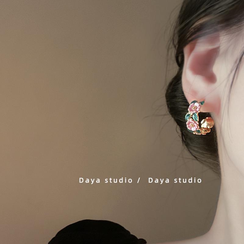 Romantic French Drip Glaze Rose Earrings: Elegant, Trendy, Fairy-Inspired Hoops
