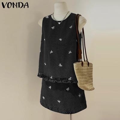 Women Tanks Sets O-neck Print Sleeveless Tops and A-line Mini Skirts Suits Outfits