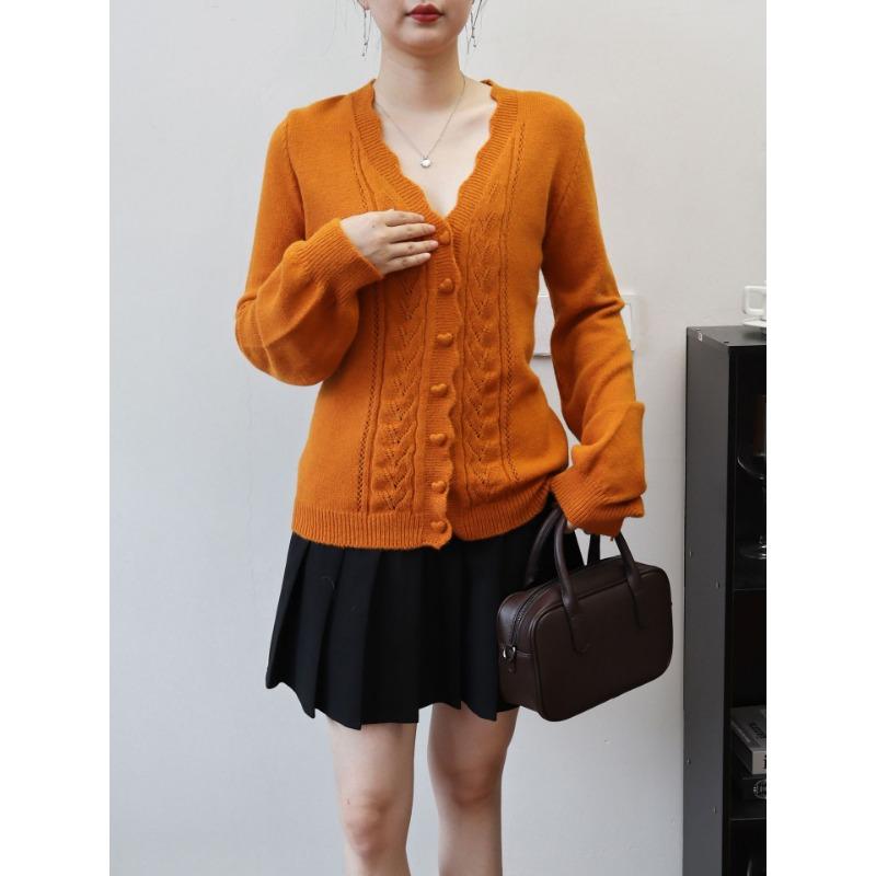 

Осень и зима новый тонкий и приталенный кардиган с V-образным вырезом, вязаный кардиган с полым узором, темпераментная мягкая восковая куртка-свитер женская one size fits all оранжевый