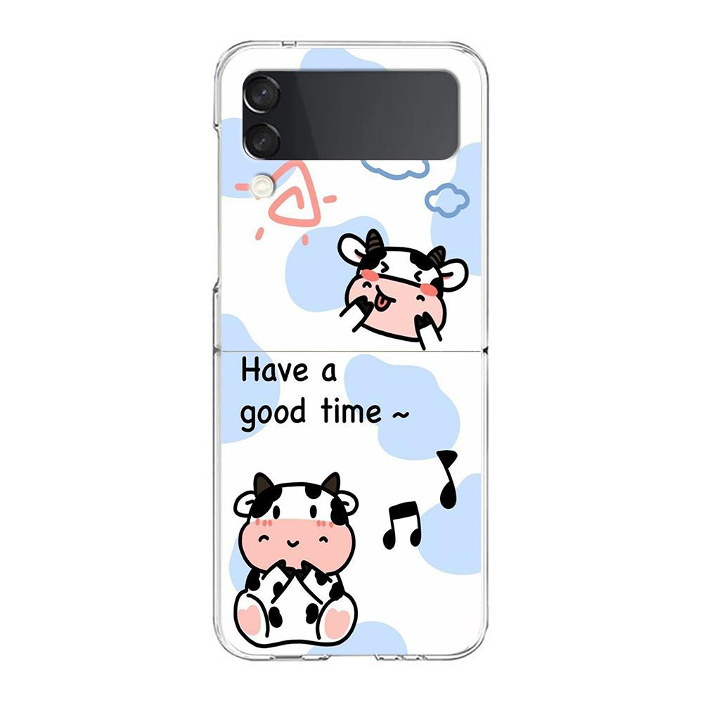 Transparent Phone Case For Samsung Galaxy Z Flip 3 4 5 6 7 Hard Folding PC Z Flip3 Flip4 Cover Dairy Cattle Cow Speckle Cute