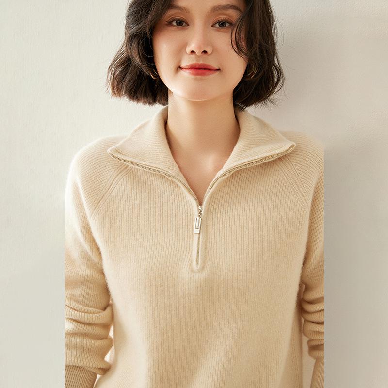 

Женский кашемировый пуловер в рубчик на молнии до середины: Уютный вязаный свитер свободного кроя для осени и зимы M (Suitable for 85-110 jin)
