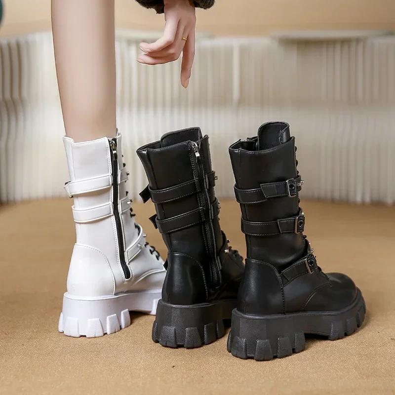 WOMEN BOOTS Goth Boots Woman Winter  Platform Shoes Sneakers Studded Belt Buckle Punk  Chunky Heels Mid Calf Boots