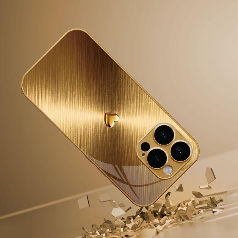 Golden Love Heart Pattern Gold Metallic Paint Glass Phone Case For iPhone 17 Pro Max 11 12 13 14 15 16 Plus 17Air 16E Cover