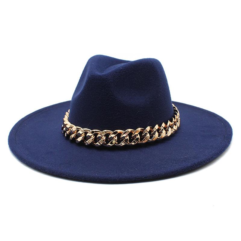 Wind Season Big Eaves Hat Thick Chain Flat Edge Top Hat Men'S And Women'S Woolen Jazz Hat Lmn177