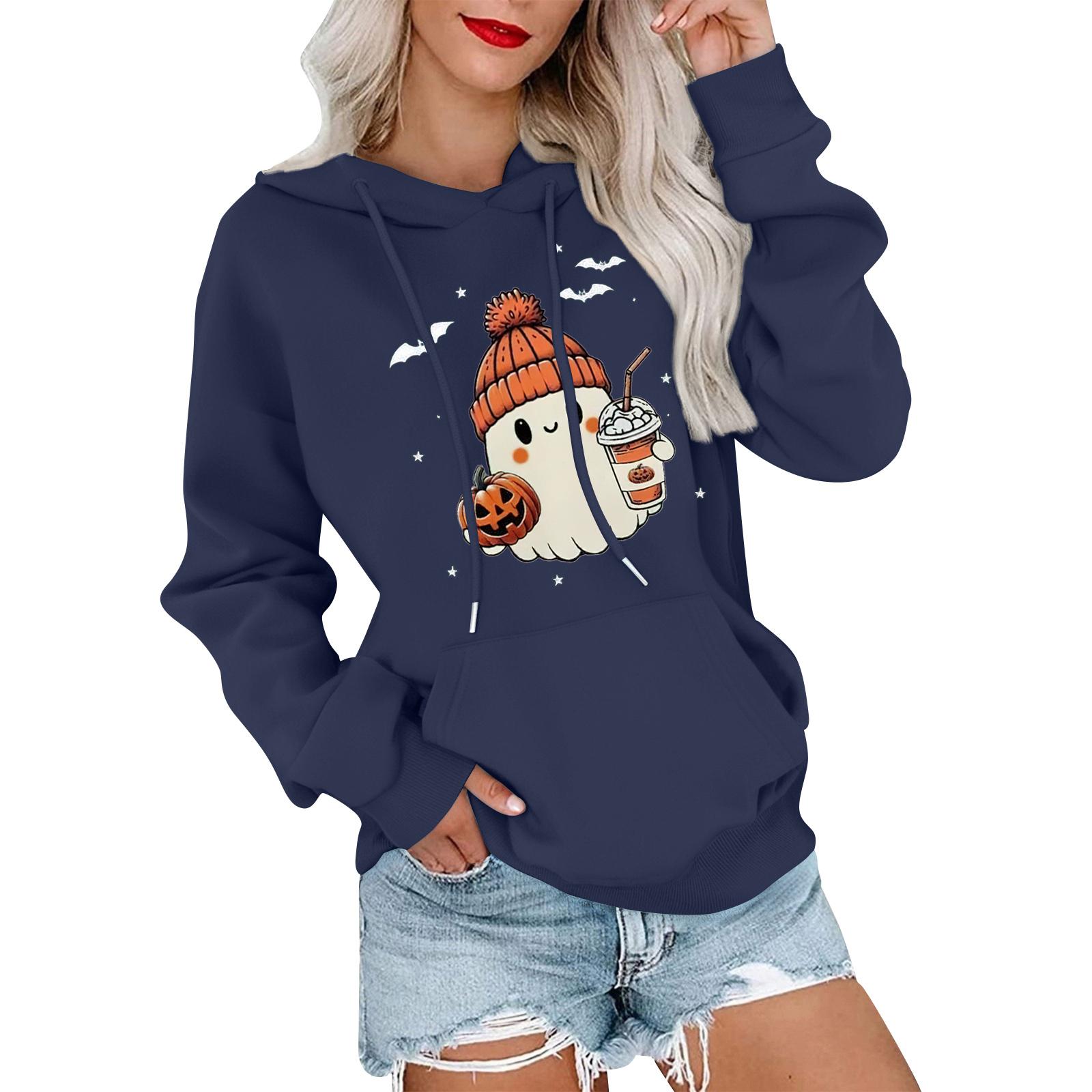 

Women s Fashionable, Casual, Comfortable Round-neck, Hooded, Long-sleeved, Halloween-print Warm Sweater XXXL тёмно-синий