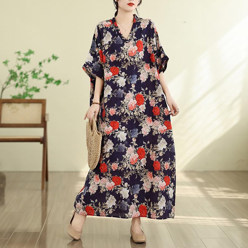 DIMANAF New 2026 Women Plus Size Summer Beach Long Dress Cotton Loose Oversize Casual Lady Maxi Vintage Print Sundress