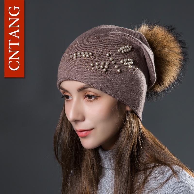 2026 Fashion Pearl Butterfly Women Hats Knitted Wool Beanies Autumn Winter Warm Caps with Natural Fur Pom Pom Ladies Hat