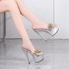 Fashion Runway style 15cm Ultra High heels Platform Women Slippers Sandals Fashion Bling Metal Decor Slides Summer Prom Nightclub Shoes