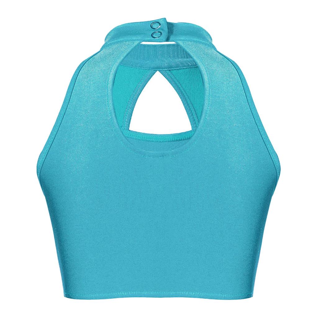 Girls Sleeveless Mock Neck Hollow Front Keyhole Back Sequin Patchwork Crop Top Dance Performance Top