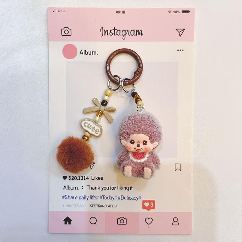 Resin Flocking Monchichi Keychain Cute Monkey Baby Trendy Keyring Cartoon Pendent Keys Bags Hanging Accessories Small Gifts