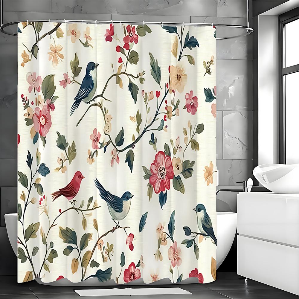 Floral Bird Shower Curtain, Bathroom Decorative Shower Curtain, Waterproof Shower Curtain with Hooks