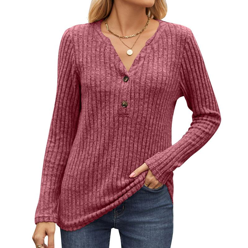Autumn Women's Knitwear Solid Colour Pit Stripe Brushed Half Placket Button Up Long Sleeve Top