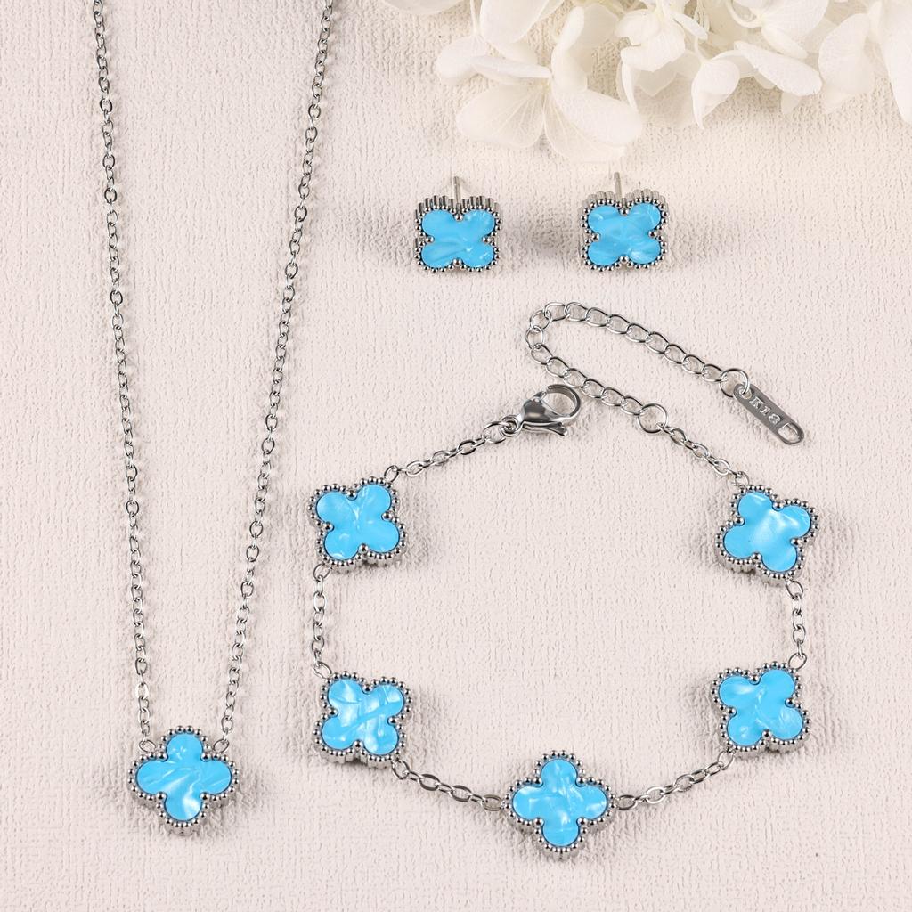 Conjunto de Brincos, Pulseira e Colar de Trevo 3 Peças Acessórios de Moda Coloridos de Luxo Leve