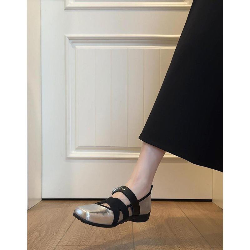 Sheepskin~ Silver retro leather shoes versatile cross-strap Mary Jane shoes women's flat-bottomed light-mouth single shoes
