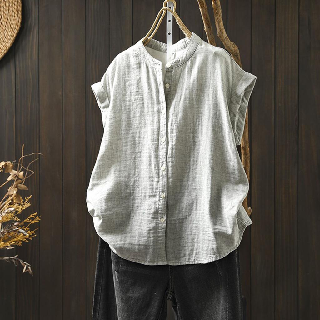 Vintage Cotton Linen Shirt Ladies Stylish Streetwear Short Sleeved Collarless Summer Blouse Women Breathbale Comfty Tops