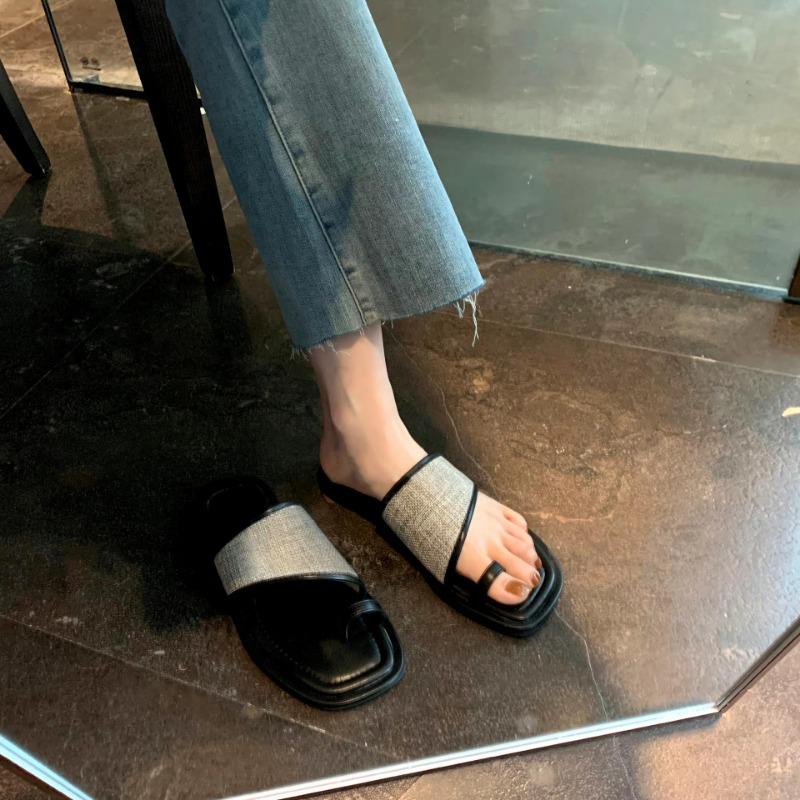 Sheepskin version casual summer square head toe straw splicing flat-bottomed slippers women's genuine leather one-and-a-half slippers cool slippers