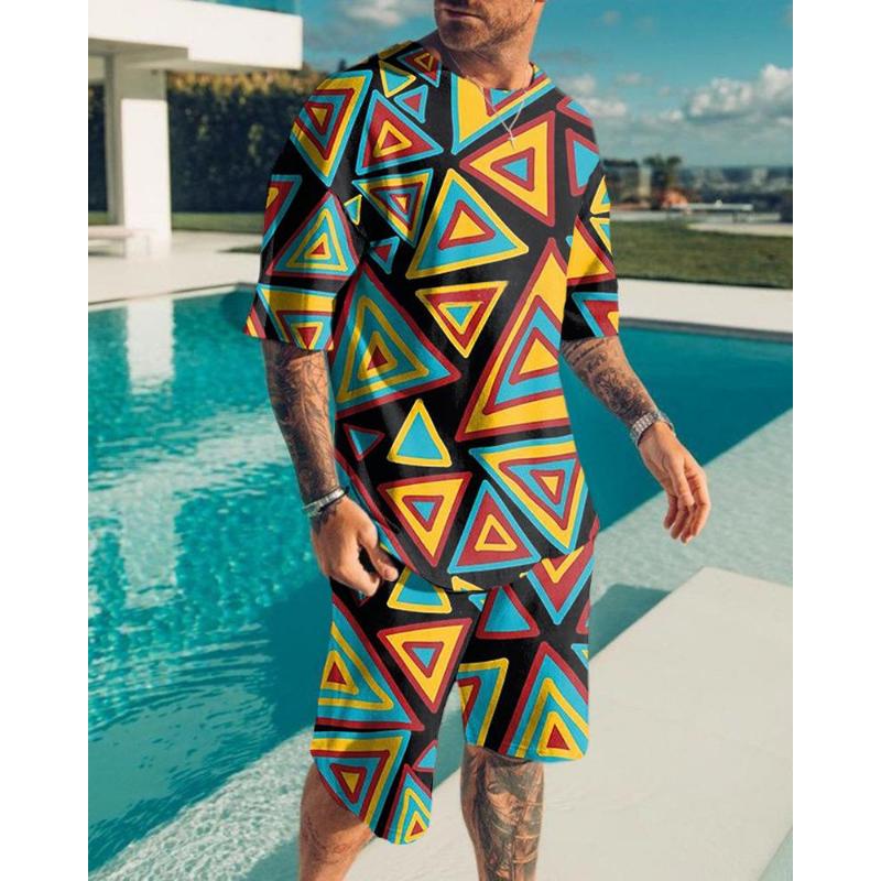 Summer New Men's Suit 3D Printig Geometric Patterns Short Sleeve  Shirt Shorts Suit Fashion Shirt Men's Two Piece Set Streetwear