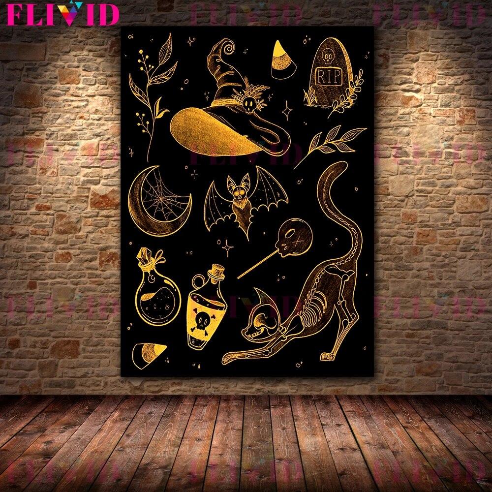Gold Witchy Art Poster And Print Gothic Home Decor Witch Astrology Constellations Wall Art Witches Calendar Canvas Painting No Frame