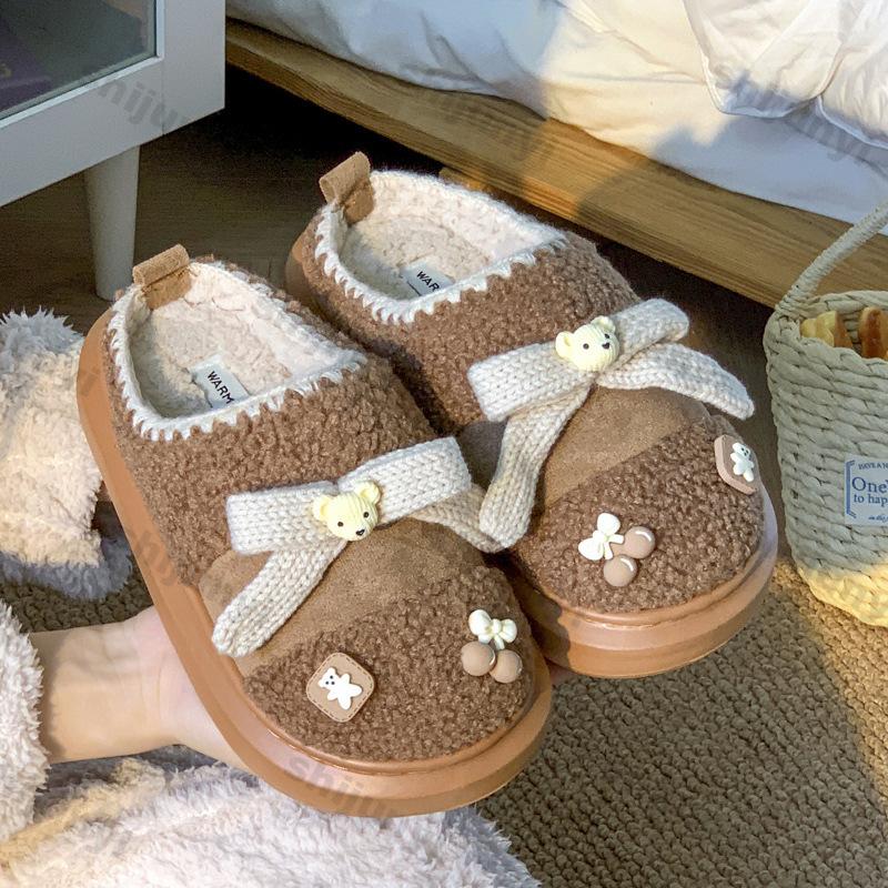 Fashion Women Winter Warm Flat Cotton Slippers Female Cute Bear Home Furry Thick Warm Slides Ladies Comfort Non Slip Indoor Cotton Shoes