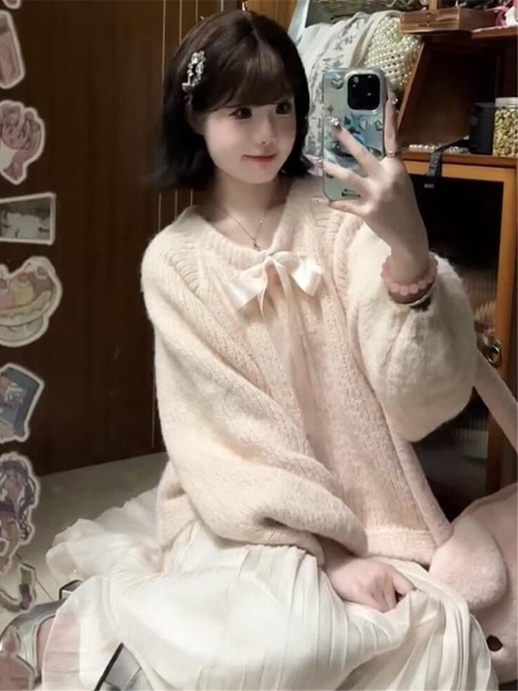Women's Soft & Sticky Bow Knit Cardigan - Autumn/Winter Loose Sweater Coat, Sweet Lazy Style Top