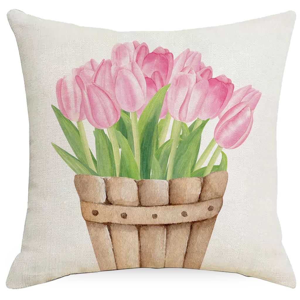 Pink Tulip Flowers Linen Print Pillowcase Spring and Summer Plant Flowers Sofa Pillow Bedside Pillowcase