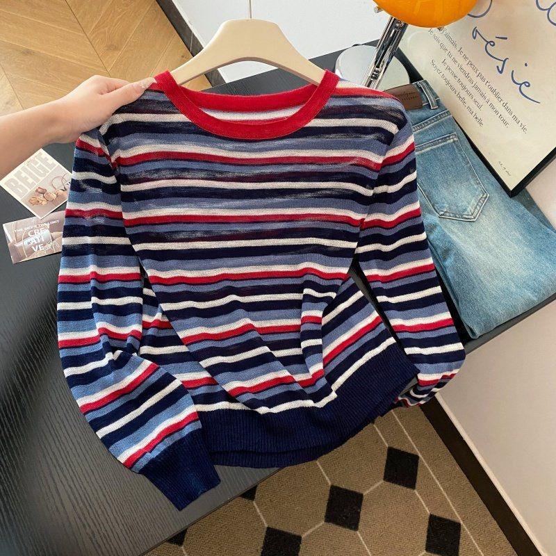 

Контрастный цвет ретро полосатая свободная тонкая футболка с круглым вырезом и длинным рукавом, маленькая рубашка, женский свободный повседневный топ XL серый