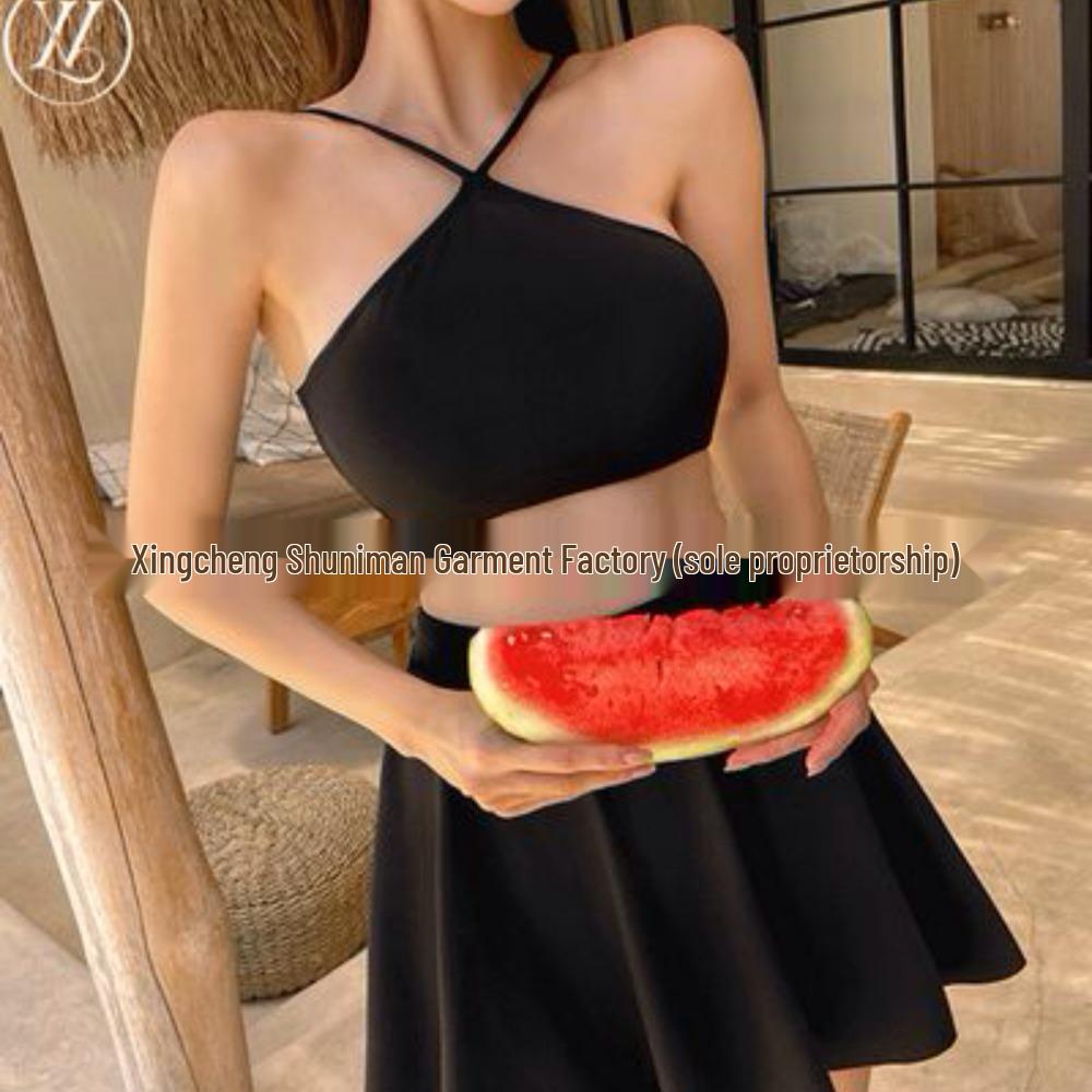 

Женский раздельный купальник-халтер из трех частей - Купальник однотонный в корейском стиле Extra Large чёрный