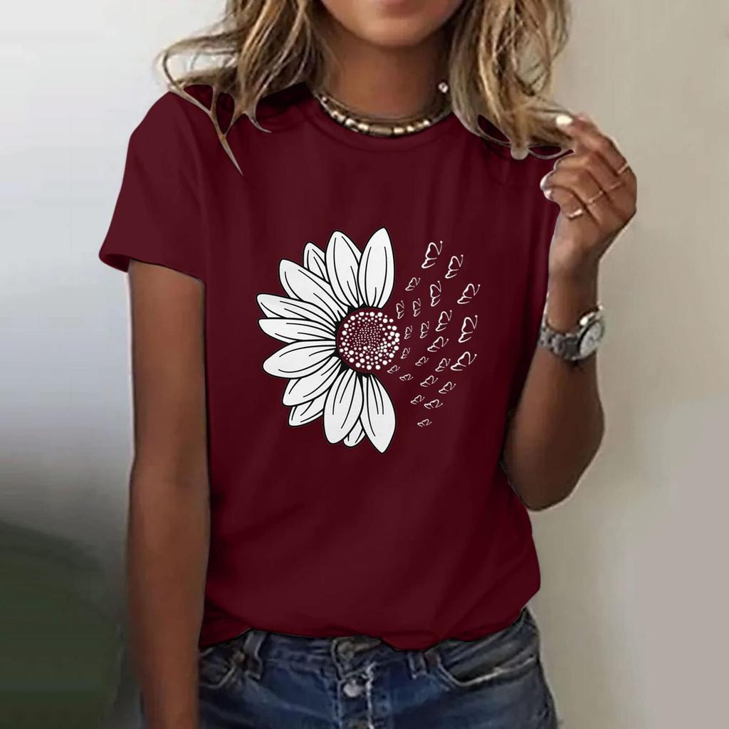 Women's Casual Floral Print Short Sleeved T-shirt With Round Neck  Top