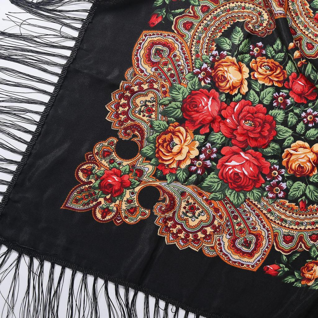 Ethnic Print Tassel Shawl: Large Square Scarf for Women - Autumn/Winter Style
