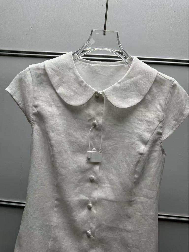 French Minimalist Linen Short-Sleeve Shirt with Elegant Doll Collar