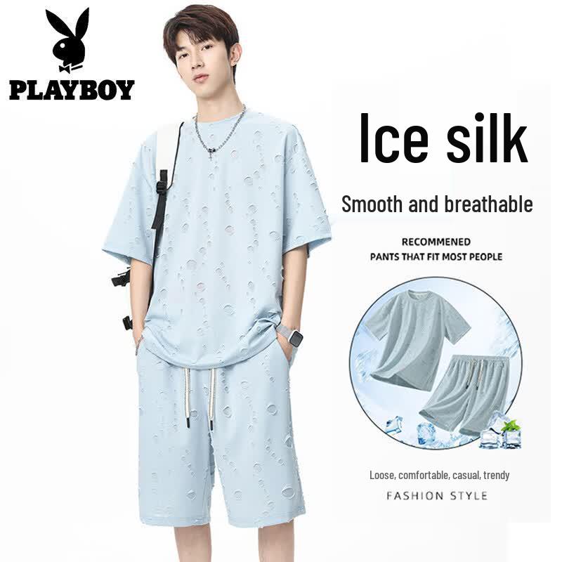 PLAYBOY Men s Summer Ice Silk Short Sleeve Shorts Sportswear Set 2XL