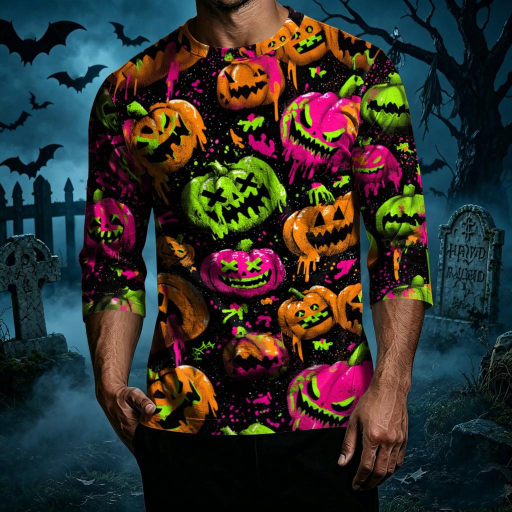 Men's Casual Halloween Print Crew Neck T Shirt Three Quarter Sleeve Top Comfortable Fit Seasonal Style
