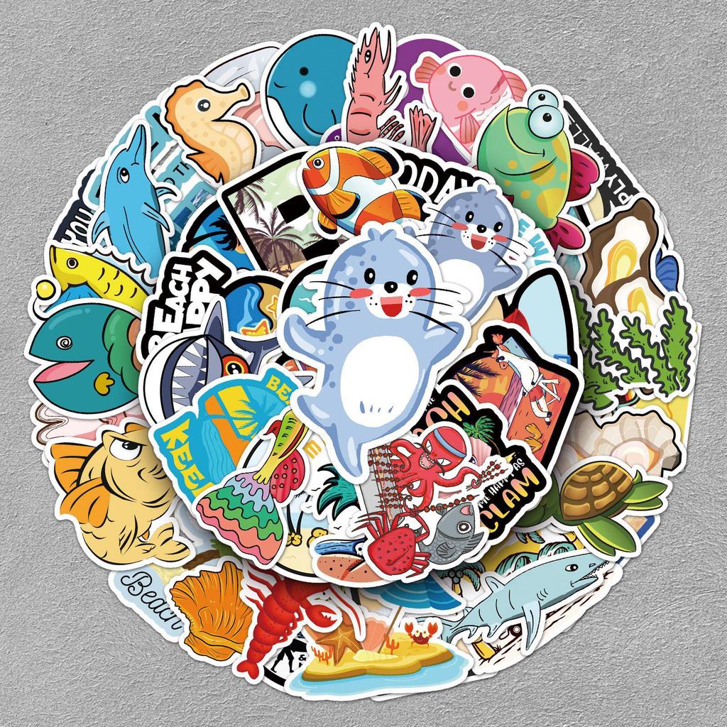 50 Ocean-Themed Children's Stickers: Cute Cartoon Animals for Suitcases, Diaries, Cars - Waterproof Decoration