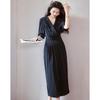 Demana Black Swan Dance Summer Lapel Waist-Cinching Midi Dress
