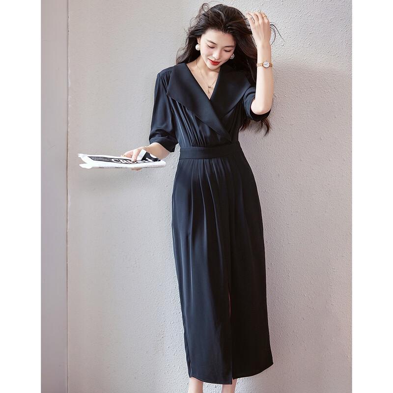 Demana Black Swan Dance Summer Lapel Waist-Cinching Midi Dress